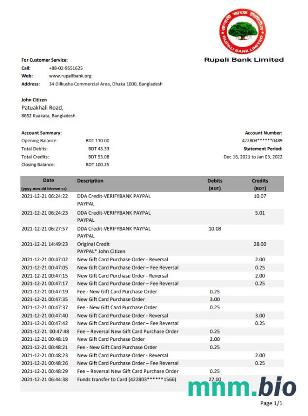 Bangladesz Rupali szablon wyciągu bankowego w formacie Word i PDF